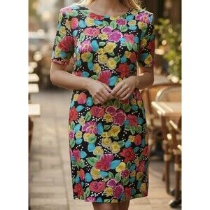 Vintage Nipon Boutique 100% Silk Colorful Floral 80s Dress Shoulder Pads Size 4